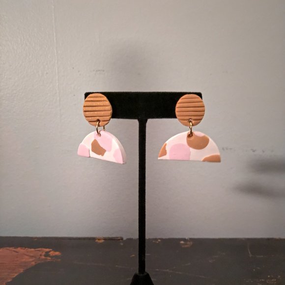 Pink and Gold Half Circle Dangle Earrings - Picture 6 of 8